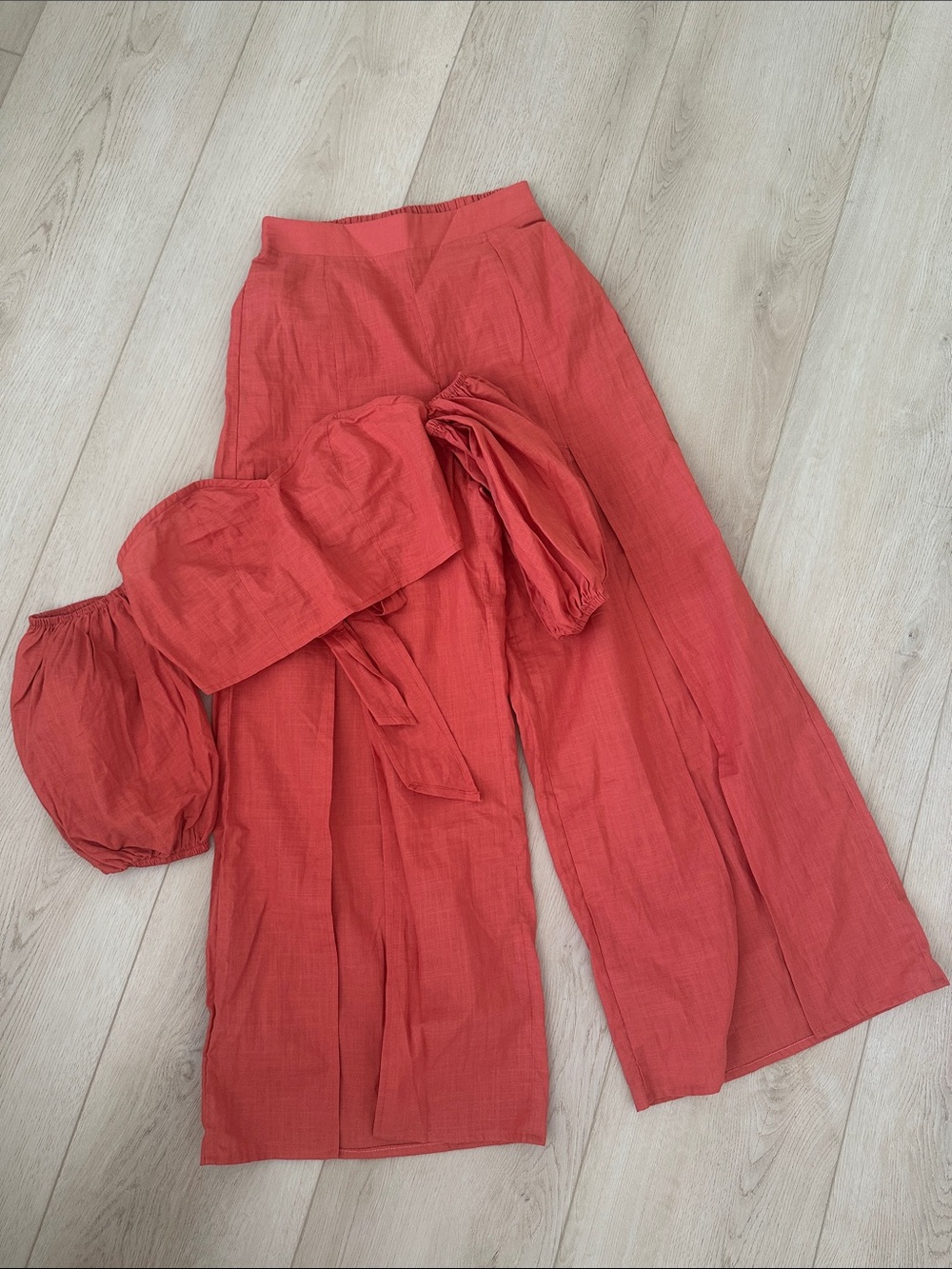 NWOT SHEIN Coral Red Open Wide-Leg Linen-Blend  Set